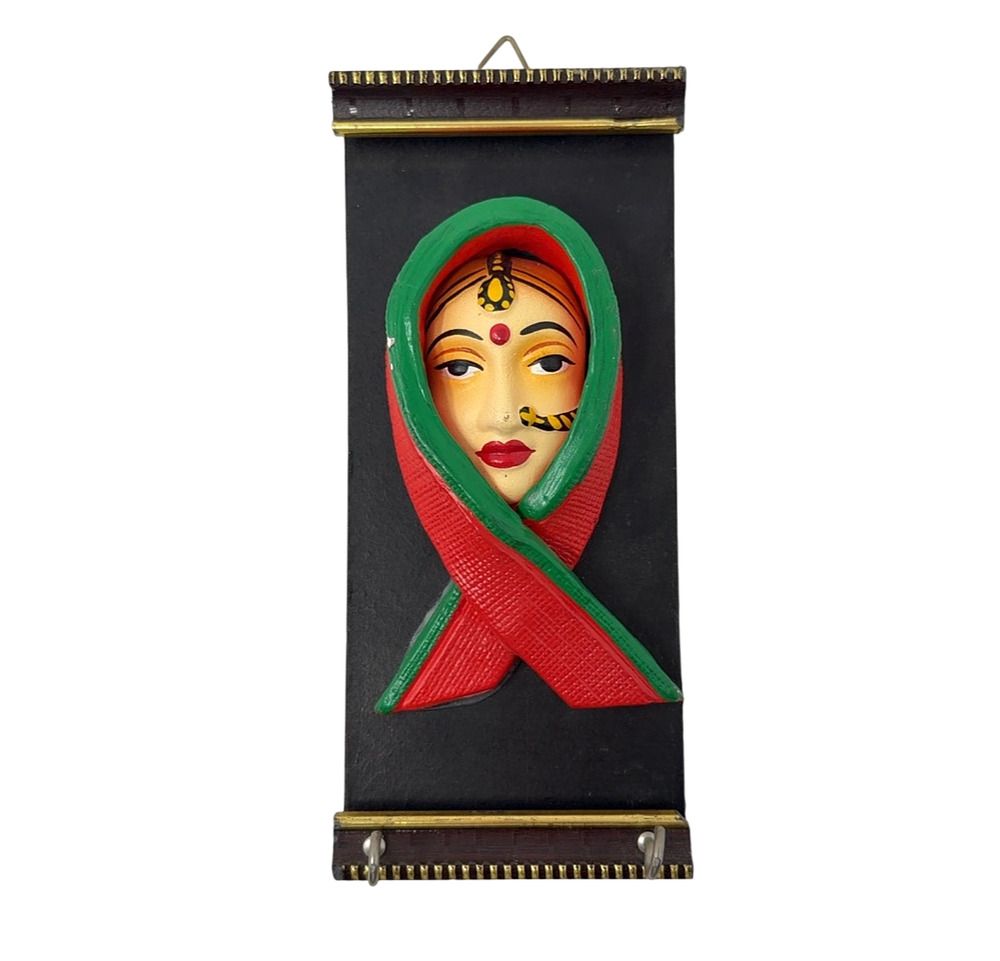 Vintage Indian Woman Face Wall Hanging Key Holder Plaque Hand Painted